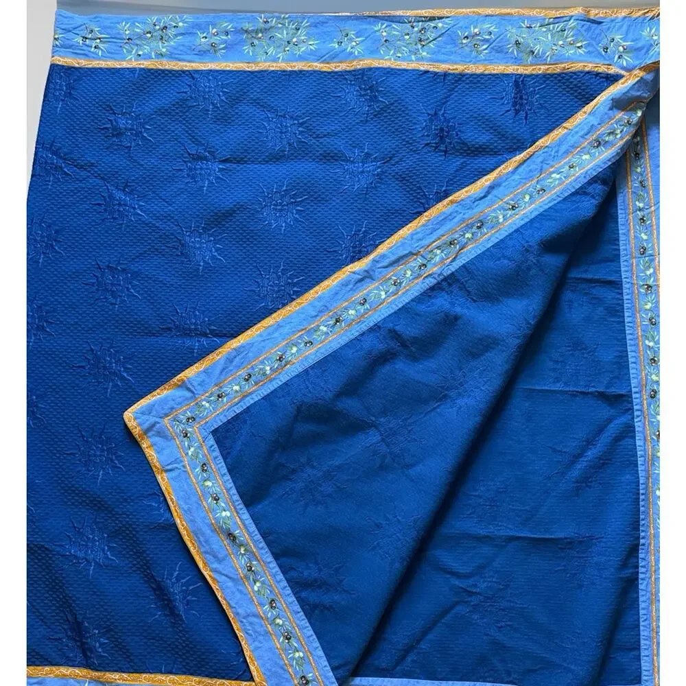 Nappe Olive Leaf Rectangle Blue French Country Tablecloth Handmade 112”X61”